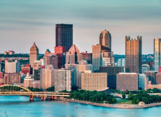 The Pittsburgh skyline features prominent buildings under a calm evening sky, HD Desktop Wallpaper