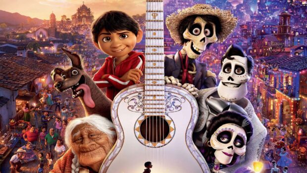 The Pixar Wallpapers featuring characters from Coco with a vibrant town in the background, 2K Desktop Wallpaper