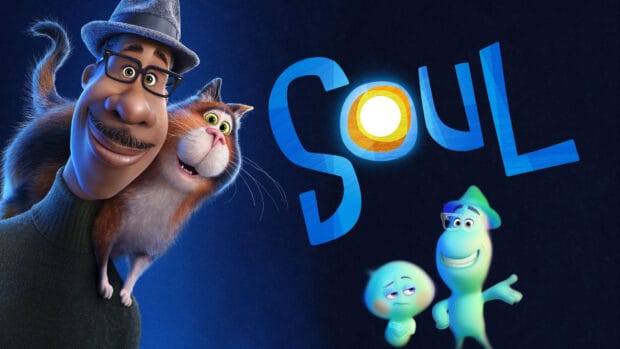 The Pixar wallpapers show characters from the movie Soul including a man, a cat, and animated souls, 4K Desktop Wallpaper