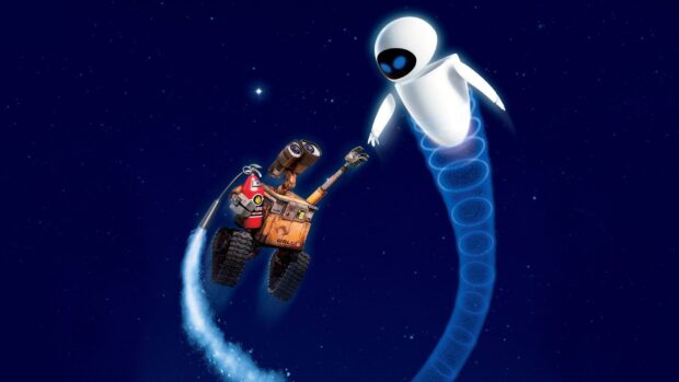 WALL E and EVE are flying in space with a starry background in Pixar Wallpapers, HD Desktop Wallpaper