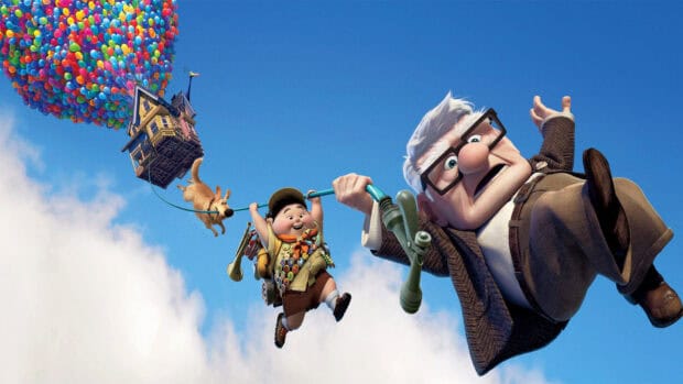 A joyful boy and an elderly man hang from a balloon lifted house in a Pixar scene, HD Desktop Wallpaper