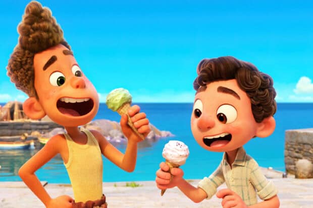 Two Pixar characters happily eating ice cream by the sea, 2K Desktop Wallpaper
