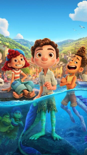 The Pixar Wallpapers show three friends by water with sea creatures, HD Mobile Wallpaper