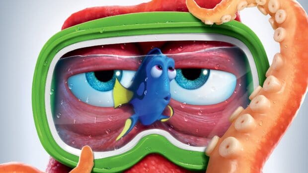 A Pixar character with blue eyes behind diving goggles and octopus tentacles is underwater, 4K Desktop Wallpaper