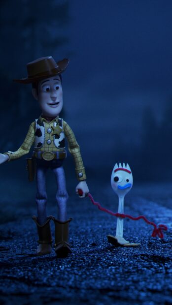 Woody and Forky from Pixar walk together at night holding a red string, 4K Mobile Wallpaper