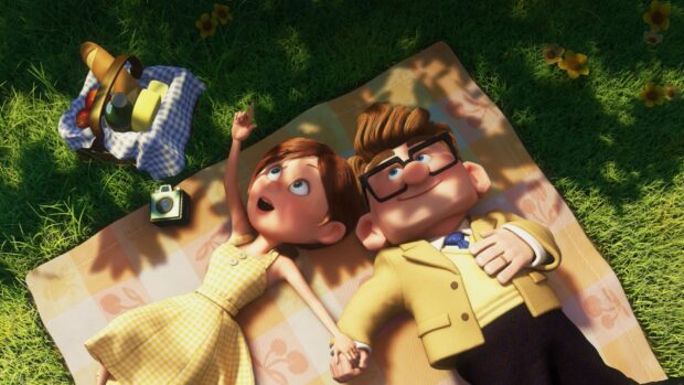 A couple from Pixar Wallpapers lying on a blanket in the sun holding hands, HD Desktop Wallpaper