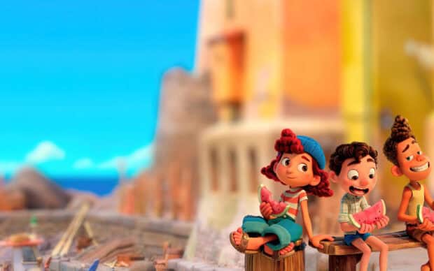 Three Pixar characters sitting and eating watermelon slices on a bench, 2K Desktop Wallpaper