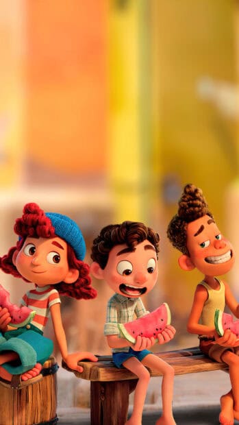 Three Pixar characters are happily eating watermelon slices while sitting outdoors on a summer day, HD Mobile Wallpaper