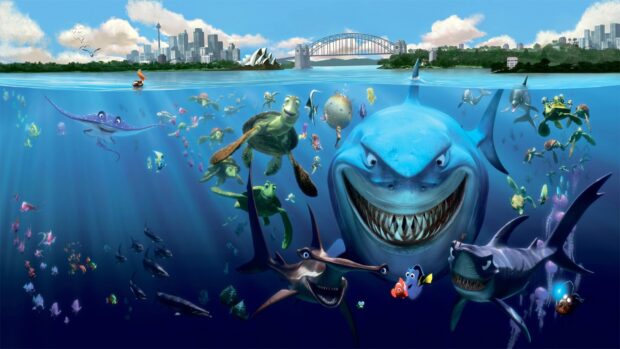 Pixar Wallpapers featuring animated sea creatures and city skyline, HD Desktop Wallpaper