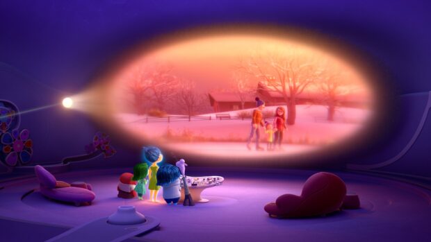 Pixar characters watching a glowing projection of a family, 4K Desktop Wallpaper
