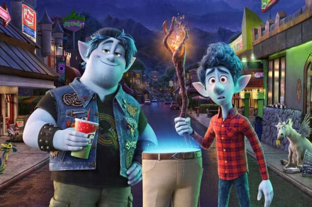Two animated characters hold magical pants on a street at night in Pixar Wallpapers, 2K Desktop Wallpaper