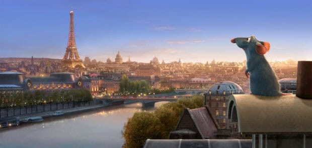 A Pixar rat looks over the Paris skyline with the Eiffel Tower glowing at sunset, HD Desktop Wallpaper