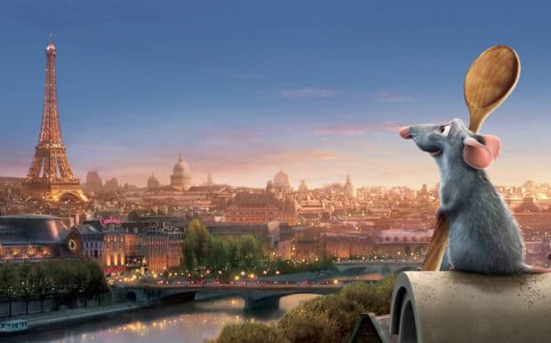 A Pixar rat holds a wooden spoon while looking over the city of Paris at sunset, HD Desktop Wallpaper