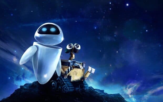 Pixar Wallpapers show two robots gazing at the starry night sky on a rocky surface, HD Desktop Wallpaper