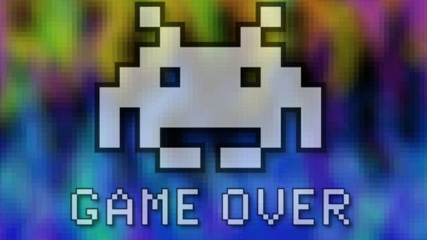 The pixel art alien stands against a colorful backdrop with the game over message, HD Desktop Wallpaper