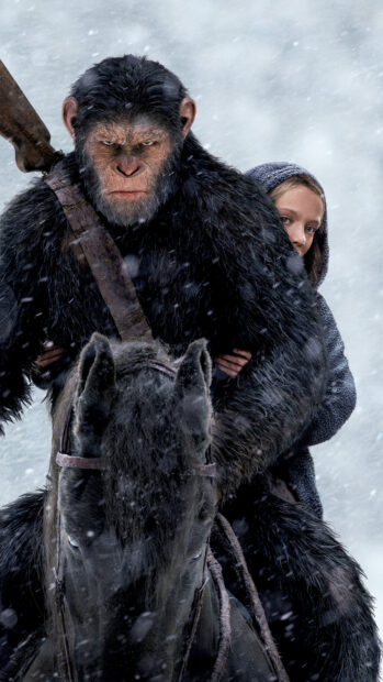 A fierce ape carrying a girl on horseback in a snowy landscape from Planet Of The Apes, 4K Phone Wallpaper