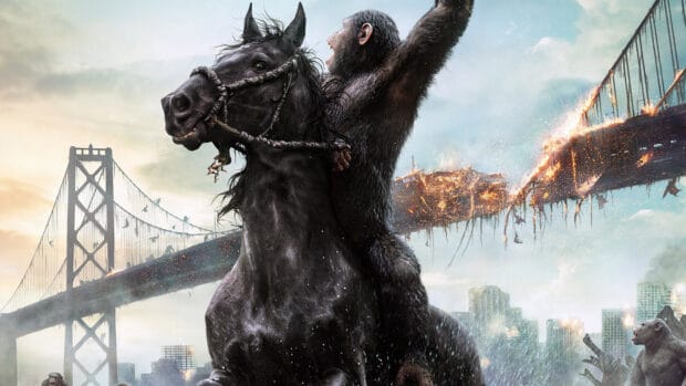 A chimpanzee triumphantly rides a horse amidst a burning city and collapsing bridge, 4K Desktop Wallpaper