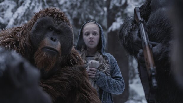 A girl stands with apes in a snowy forest in the Planet of the Apes wallpapers scene, 4K Desktop Wallpaper