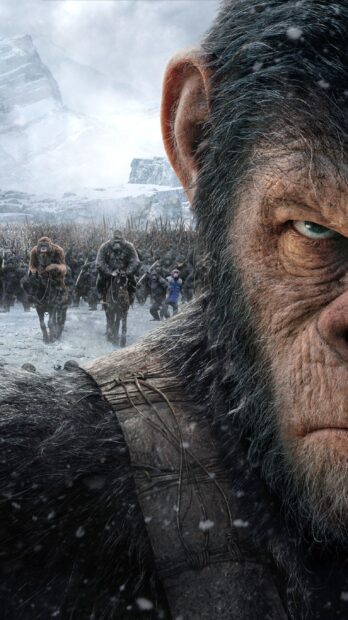 A close up of an ape leading an army in a snowy landscape in Planet Of The Apes Wallpapers, 2K Phone Wallpaper