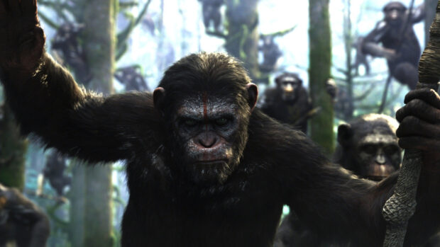 A determined ape leads a group through a dense forest in this Planet of the Apes scene, HD Desktop Wallpaper