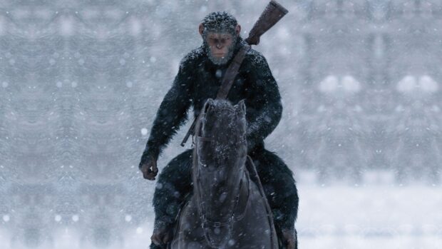 An ape from Planet of the Apes rides a horse through a snowy forest with a rifle on its back, HD Desktop Wallpaper