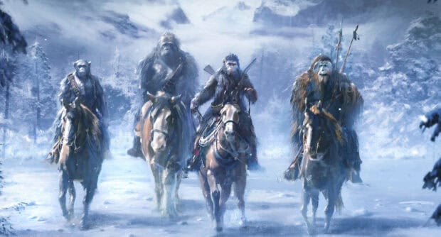 A group of apes armed and riding horses through a snowy forest in Planet Of The Apes, 4K Desktop Wallpaper