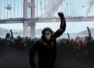 A group of apes raises their fists in protest under the bridge in a Planet of the Apes scene, 4K Desktop Wallpaper
