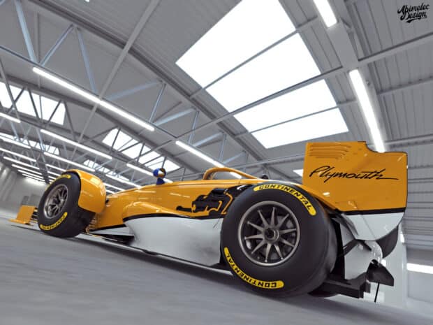 A yellow Plymouth Prowler race car sits inside a modern garage, HD Desktop Wallpaper