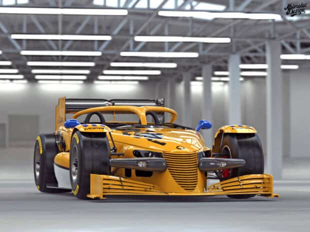 A yellow Plymouth Prowler sports car is parked inside a large modern garage, HD Desktop Wallpaper