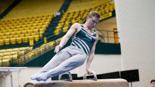 A male gymnast is performing a pommel horse gymnastics routine in an indoor arena, HD Desktop Wallpaper