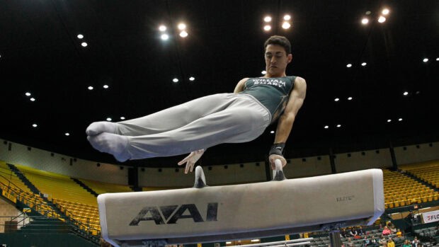 A male gymnast performs on the pommel horse during a competition, HD Desktop Wallpaper