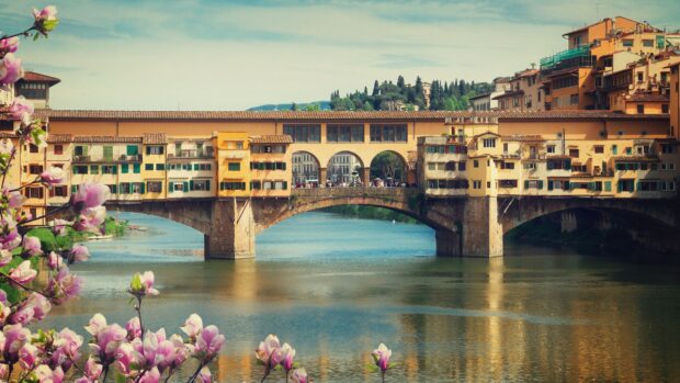 The Ponte Vecchio is shown with blooming flowers along the river, 4K Desktop Wallpaper