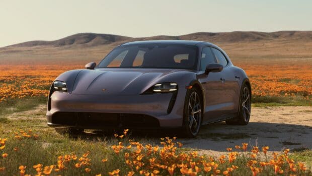 A Porsche Taycan is parked on a dirt path surrounded by bright orange flowers under a clear sky, 4K Desktop Wallpaper