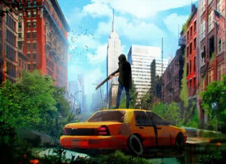 A lone figure stands atop an abandoned taxi in a ghost town with overgrown plants, 4K Desktop Wallpaper