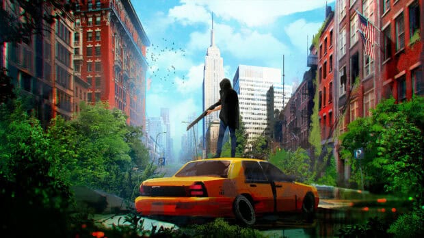 A lone figure stands atop an abandoned taxi in a ghost town with overgrown plants, 4K Desktop Wallpaper