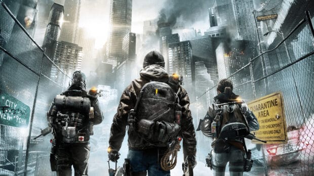 Three armed characters explore a post apocalyptic cityscape in a shooter game, 4K Desktop Wallpaper