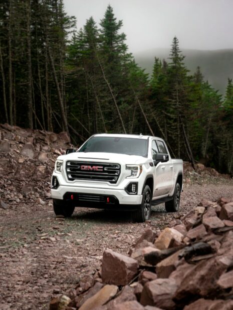 A white GMC Sierra driving on a rugged rocky path surrounded by tall pine trees, HD Mobile Wallpaper