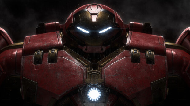 The Hulkbuster armor glows with white lights in a dark environment, HD Desktop Wallpaper