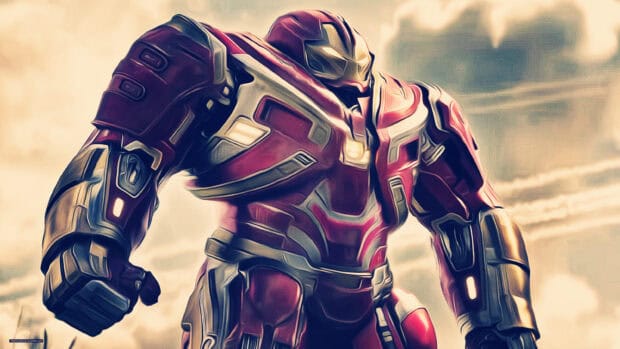 The Hulkbuster armor stands tall against a cloudy sky, 2K Desktop Wallpaper