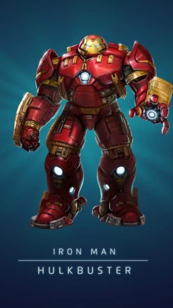 The Hulkbuster suit stands ready in red and gold armor with glowing lights, HD Mobile Wallpaper
