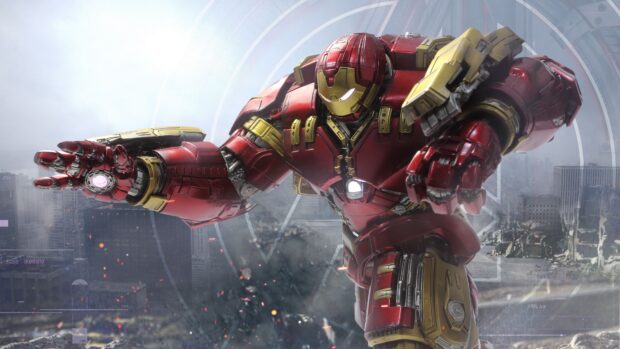 The Hulkbuster suit is engaged in an intense city battle scene, showcasing its strength and advanced technology, 4K Desktop Wallpaper