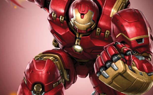 The Hulkbuster suit is portrayed in a dynamic pose showing its strength and design, 2K Desktop Wallpaper