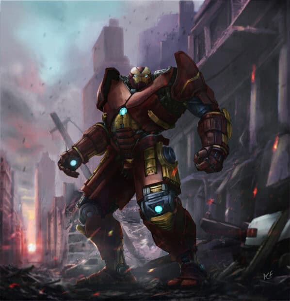 A Hulkbuster suit stands in the middle of a destroyed city street with debris and damaged buildings around, HD Desktop Wallpaper