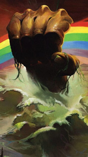 A powerful fist rises from the waves under a vibrant rainbow in this hard rock wallpapers design, HD Phone Wallpaper