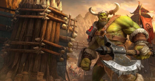 A muscular orc warrior holding a large battle axe stands near a wooden fortress, 4K Desktop Wallpaper