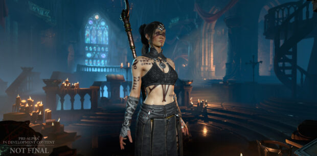 A powerful sorceress stands confidently inside a dimly lit cathedral in Diablo Iv Wallpapers, 2K Desktop Wallpaper