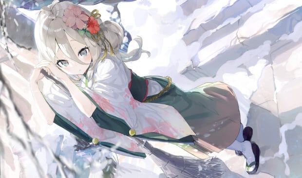A Princess Connect Re Dive anime character with white hair and flowers in a snowy scene, HD Desktop Wallpaper