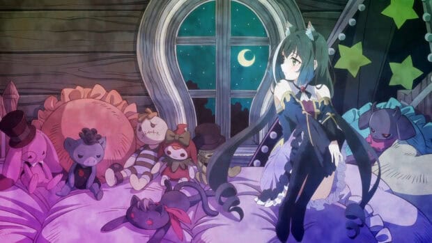 A female character from Princess Connect Re Dive sits among plush toys by a moonlit window, 4K Desktop Wallpaper
