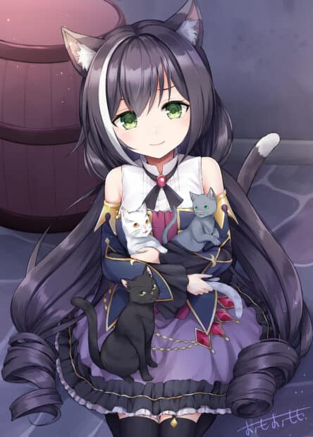 A girl with cat ears holding three cats in her arms sitting indoors in Princess Connect Re Dive anime, HD Mobile Wallpaper
