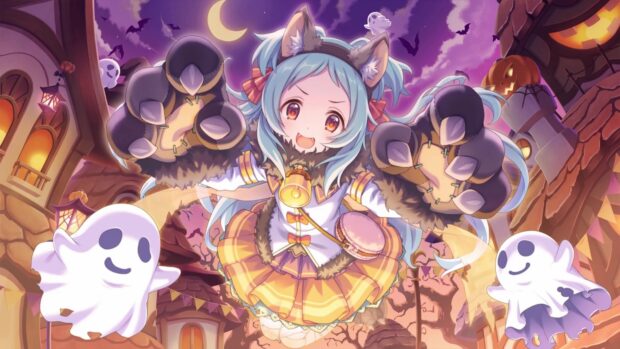 A Halloween themed character from Princess Connect Re Dive anime with ghosts and pumpkins, 4K Desktop Wallpaper